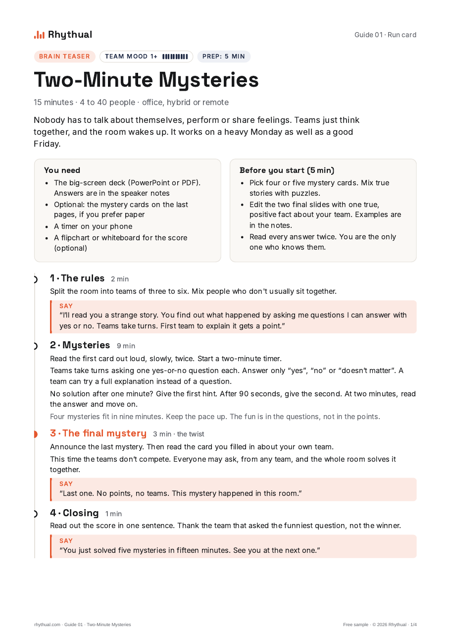 Run card of the offline game Two-Minute Mysteries with four timed steps